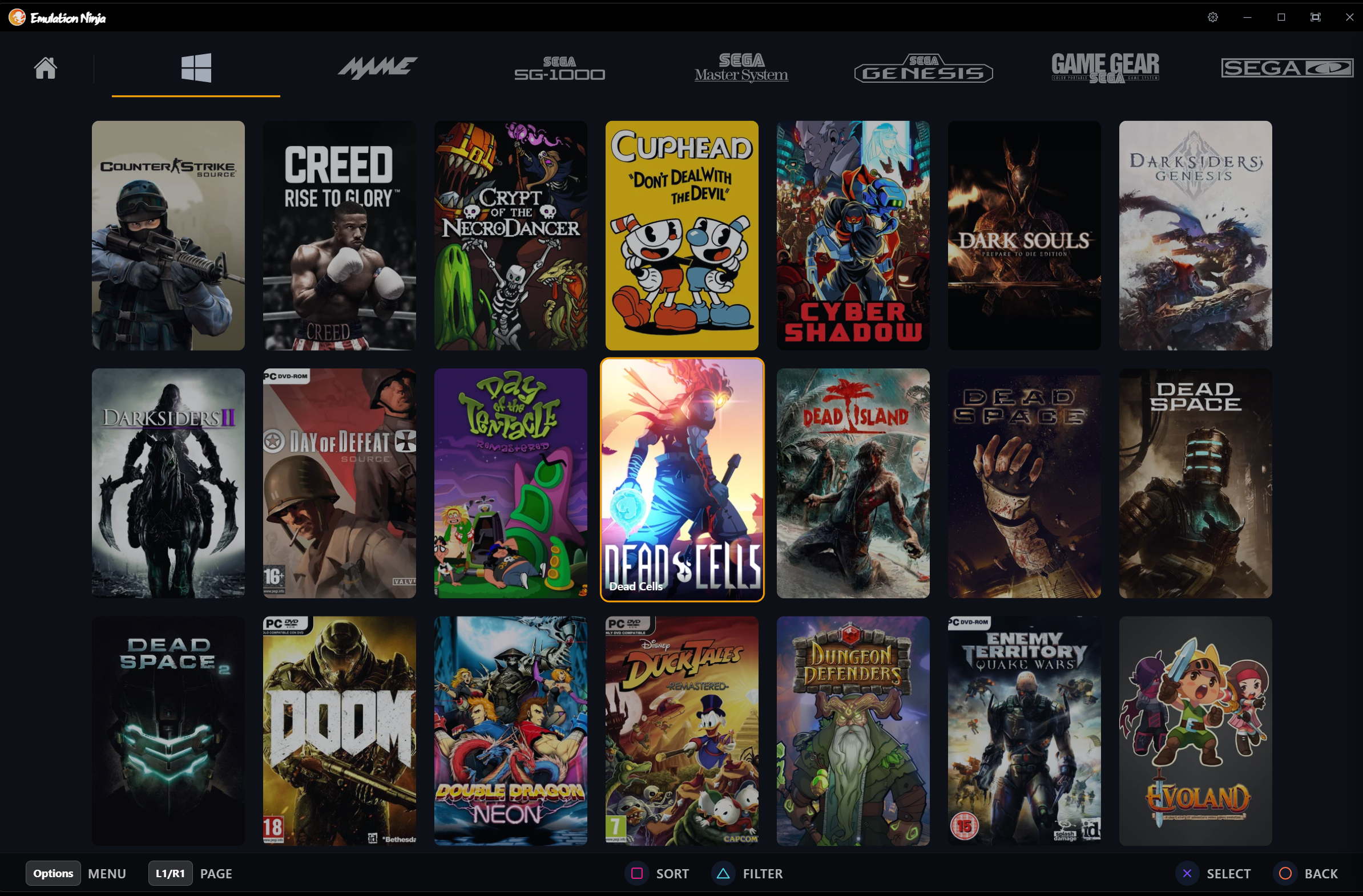 Big Picture Mode showing game library grid for Steam and PC games