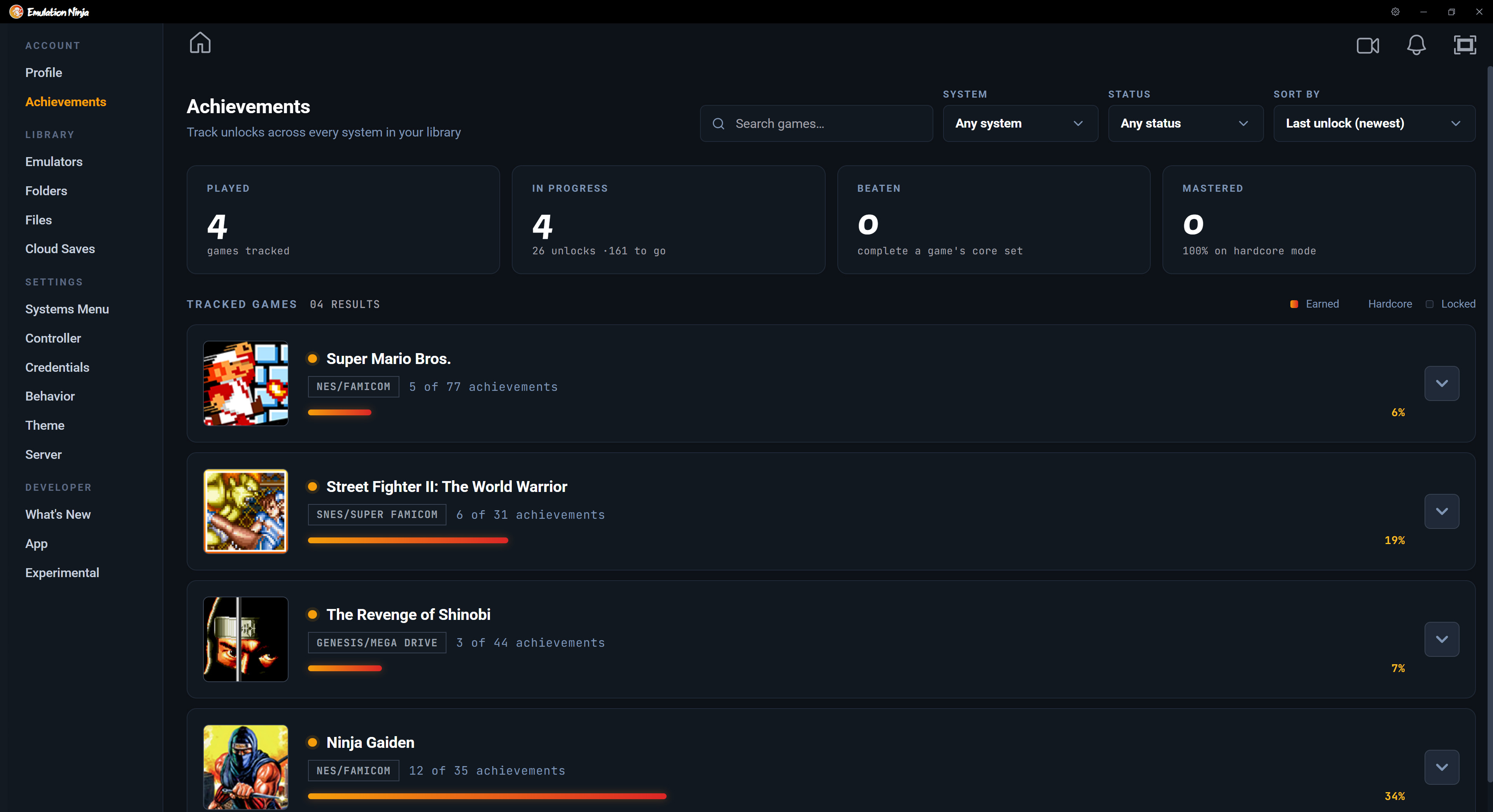 RetroAchievements in Emulation Ninja: sidebar, game view, and unlock flow