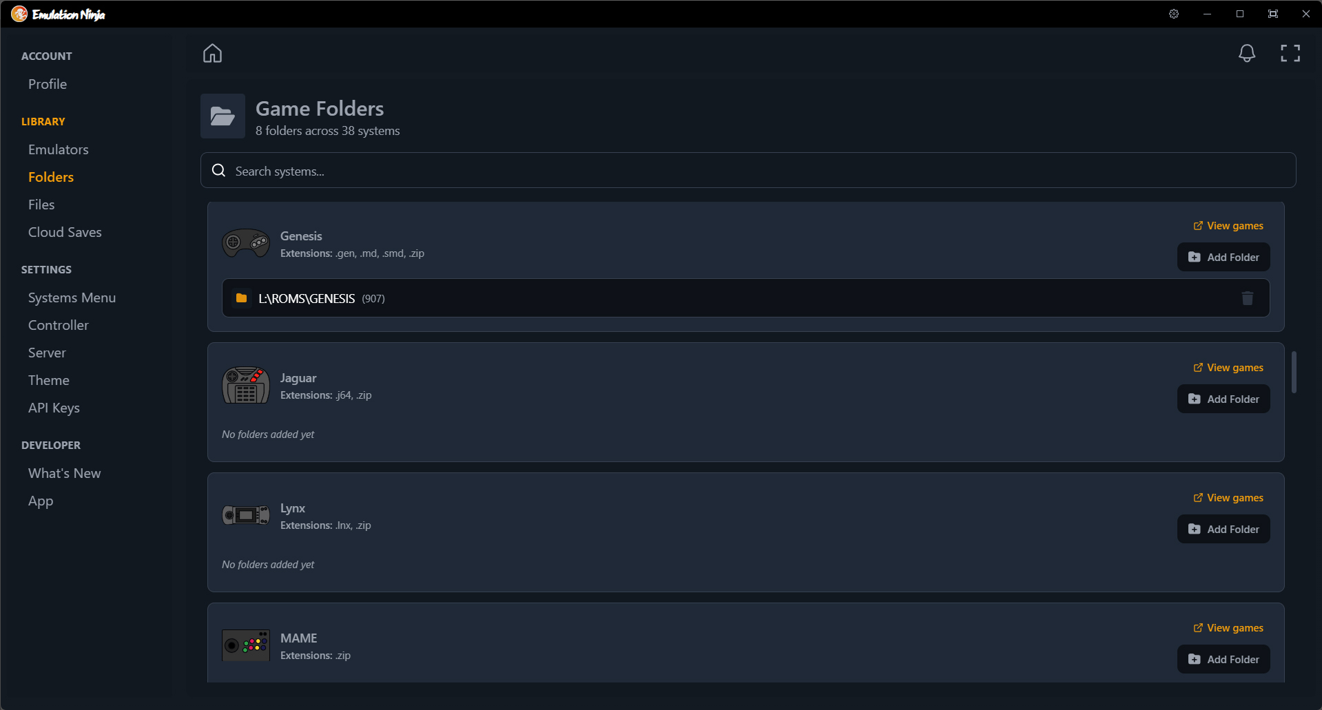 System folders organized by platform