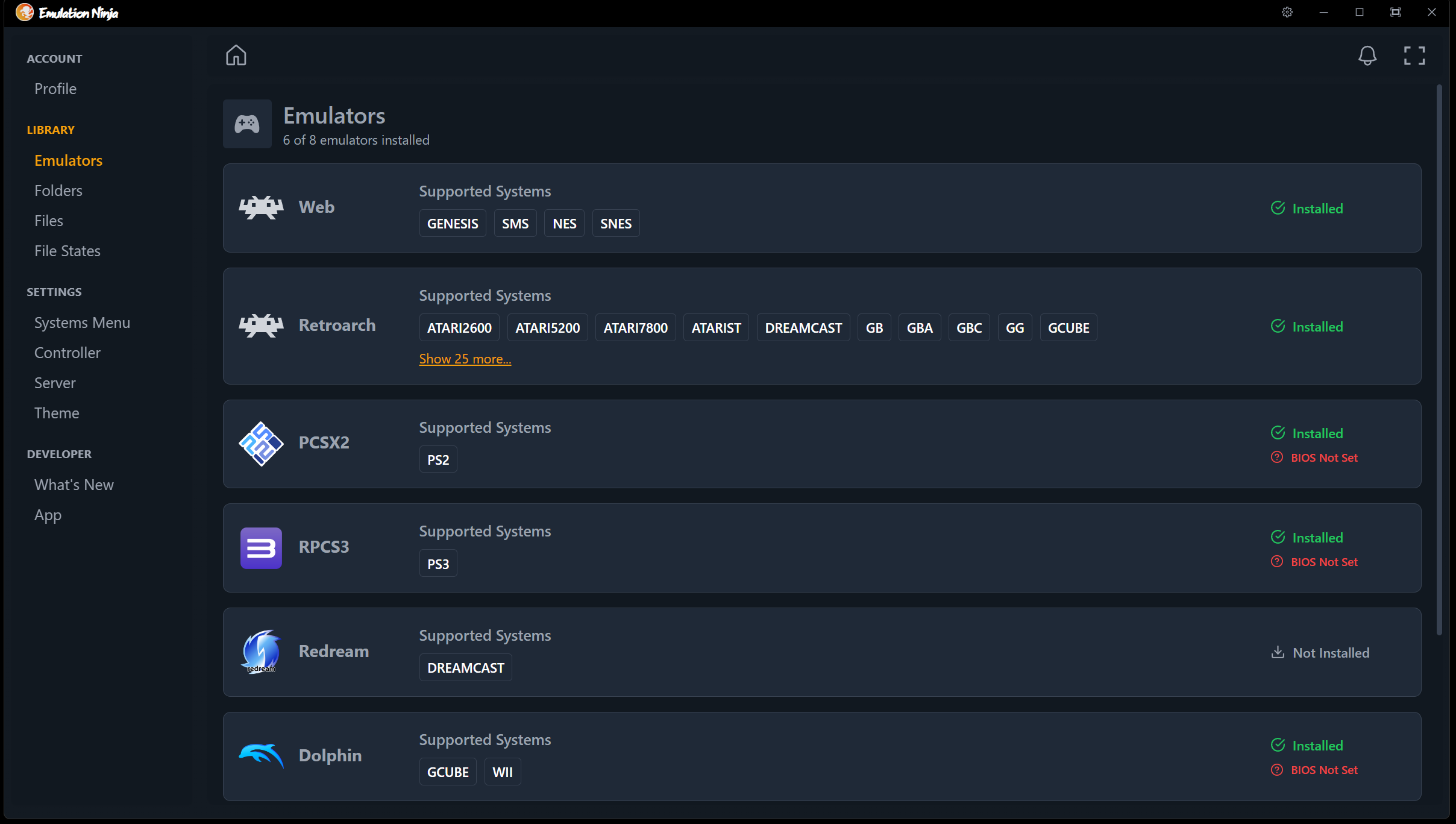 Emulators hub showing installation status and supported systems